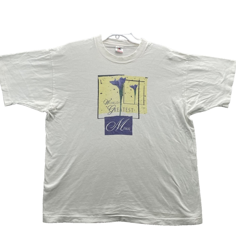 VTG Fruit of the Loom World's Greatest Mom T-Shirt XL Flower Mother Gift 90s Tee